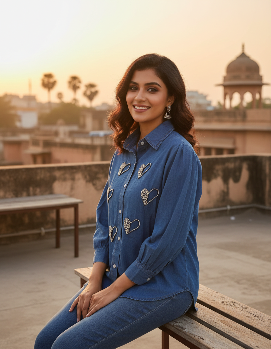 Imported denim shirt with heart shape stone studded work