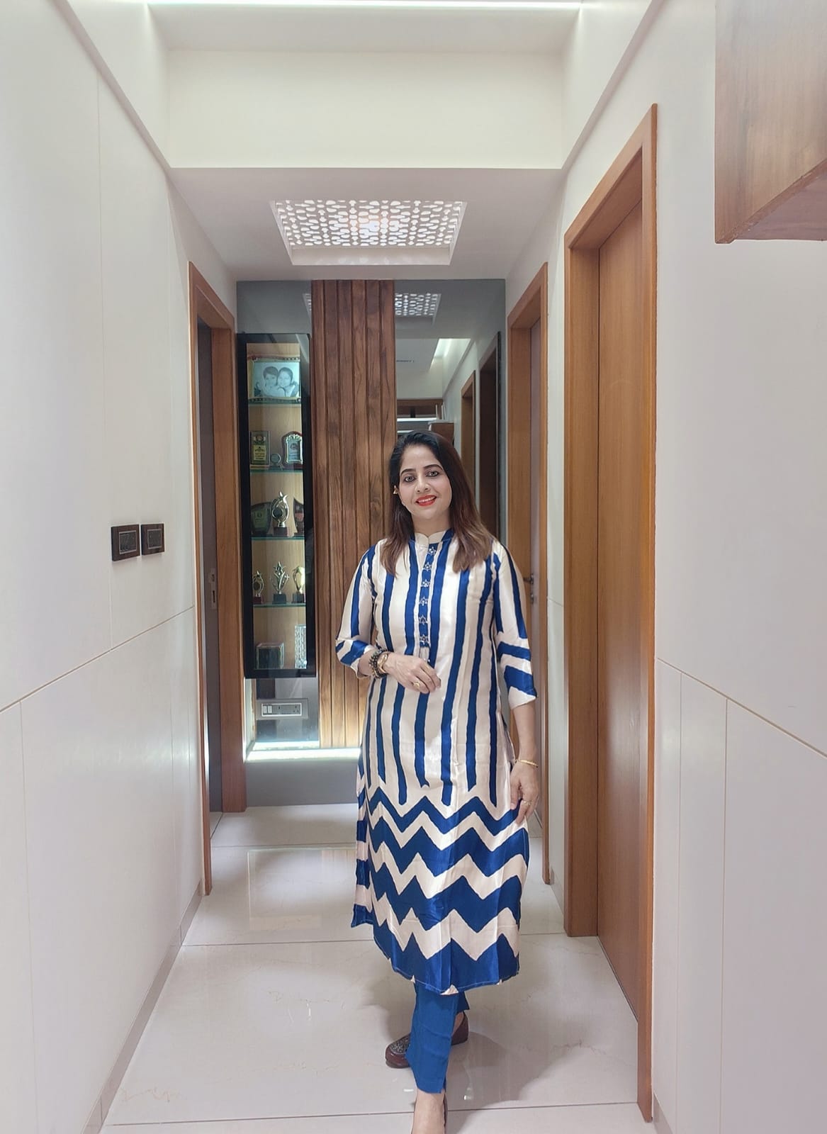 Gaji Silk Printed Kurti with Pant Set (Blue & White)