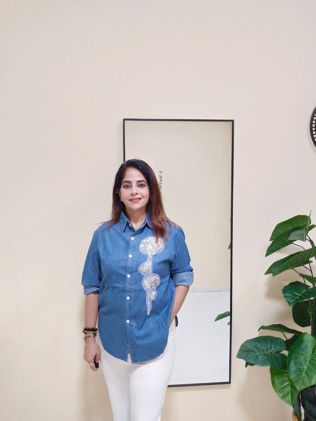 Imported denim shirt with front embroidery