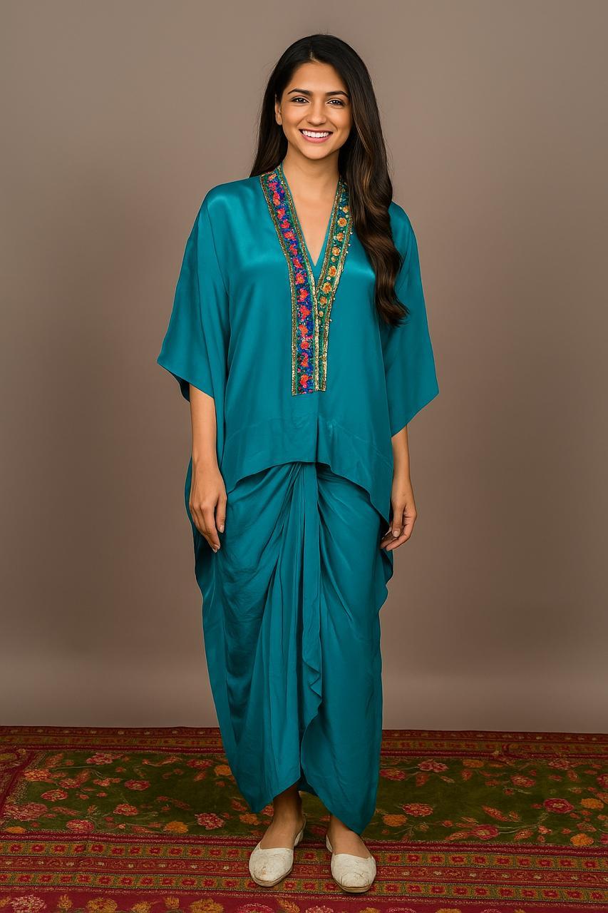 Premium gaji silk partywear kaftan top with drape skirt.