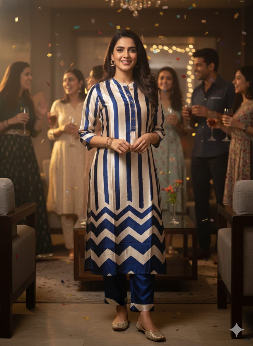 Gaji Silk Printed Kurti with Pant Set (Blue & White)