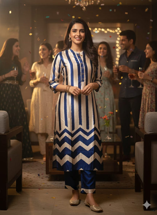 Gaji Silk Printed Kurti with Pant Set (Blue & White)