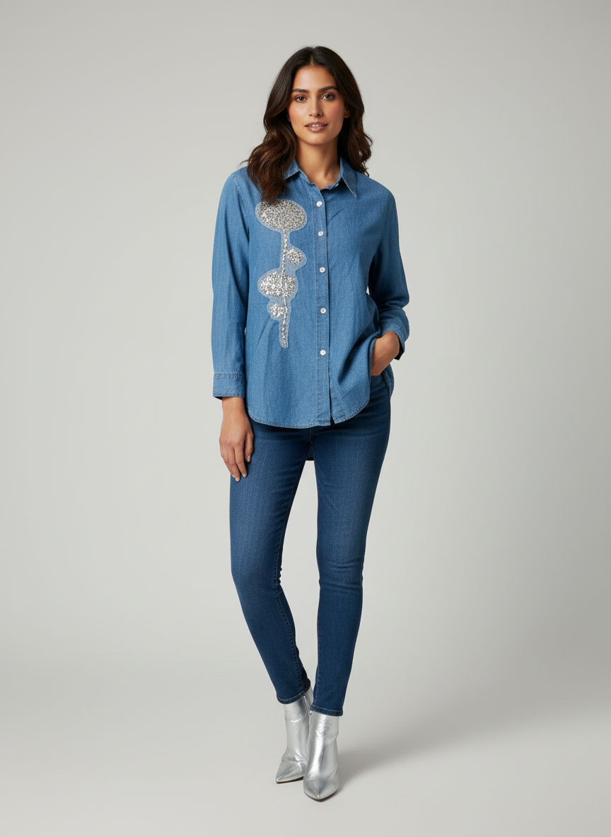 Imported denim shirt with front embroidery